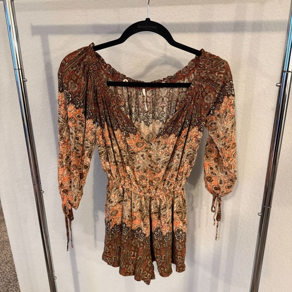 Free People So Divine Paisley Romper XS Boho Festival Long Sleeve Tie Cuff